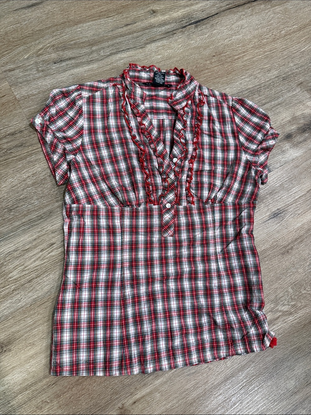 Antilia Femme Cotton Red Plaid Ruffle-Trim Short Sleeve Blouse